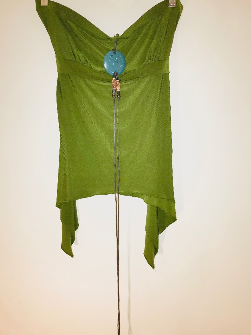 NWT Vintage Y2K Vixen Green Tube Top XL Teal Pendant Brown Bead Tie Bust Rare